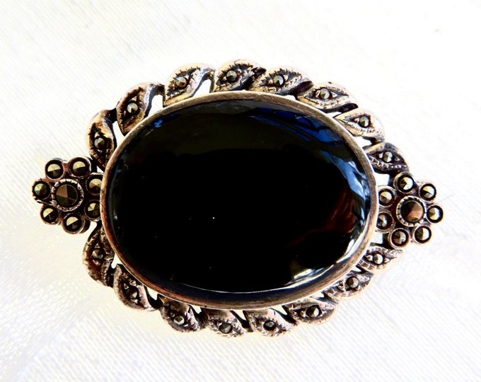 Art Deco Brooch, Sterling Silver Marcasite & Onyx Brooch, Vintage Onyx Pin