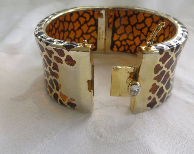 Vintage KJL Lucite Leopard Cuff Bracelet, Animal Print Hinged Bangle Bracelet, Designer Kenneth Lane Jewelry