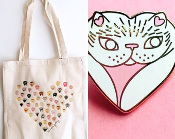 Vulva Love Duo Set • Tote Bag & Vulvacat Pin • The Vulva Gallery