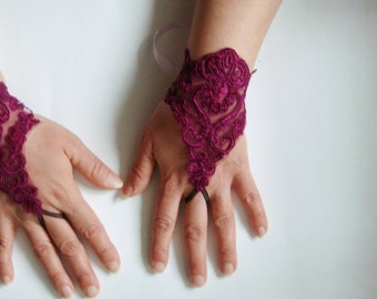 Purple lace gloves, Purple gloves, fingerless wedding gloves, lace bridal wedding gloves Damask lace