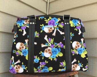 Skulls and Roses Handbag, Skulls and Roses Purse, Rockabilly Handbag, Skull Handbag, Skull Purse, Rockabilly, Blue Calla Snowdrop Satchel