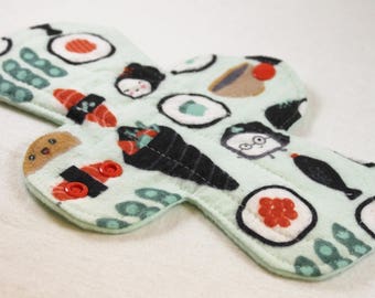 Reusable Cloth Pad - 9.5" Moderate - Happy Sushi Flannel