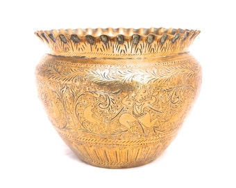 Vintage Indian Brass Planter, Antique Brass Planter, Indoor Plant Pot, Round Brass Plant Container, Engraved Brass, Rustic Planter