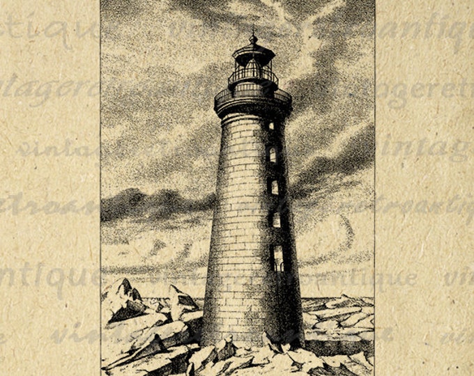Lighthouse Printable Graphic Digital Download Illustration Image Vintage Clip Art Jpg Png Eps HQ 300dpi No.2127