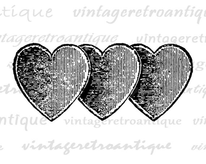 Printable Digital Three Hearts Download Love Image Romance Graphic Antique Clip Art Jpg Png Eps HQ 300dpi No.1408