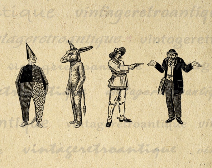 Printable Graphic Antique Figures People Clown Rabbit Cowboy Download Digital Image Artwork Vintage Clip Art Jpg Png HQ 300dpi No.1735