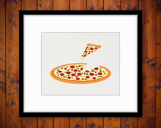 Pizza with Slice Illustration Printable Digital Graphic Image Download Vintage Clip Art HQ 300dpi No.2078