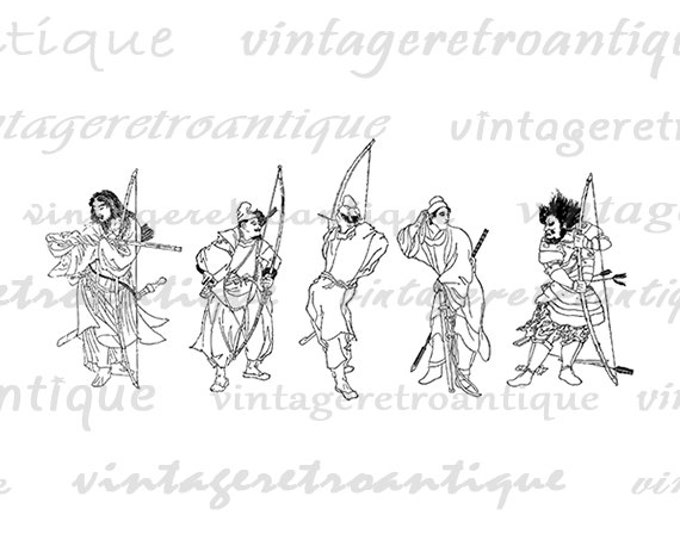 Printable Image Japanese Warriors Graphic Collage Sheet Digital Download Vintage Clip Art Jpg Png Eps HQ 300dpi No.1608