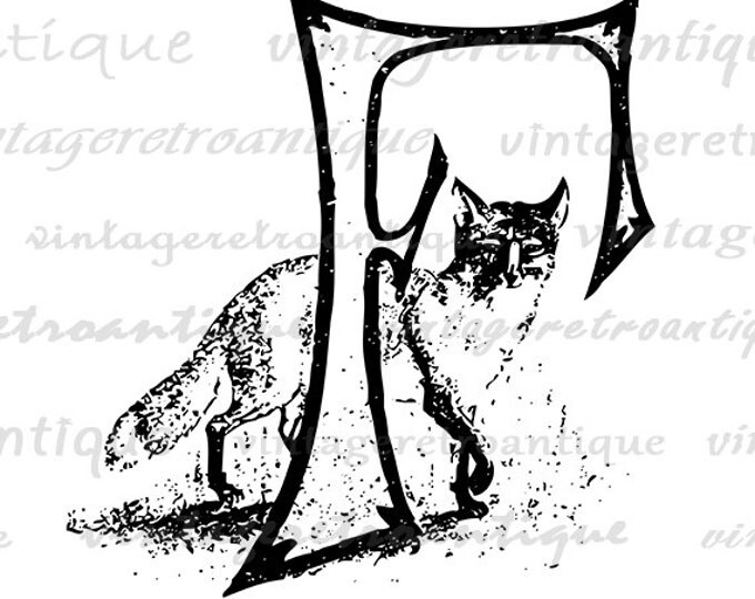 Letter F Fox Graphic Image Download Fox Printable Letter F Animal Digital Antique Clip Art for Transfers Making Prints etc HQ 300dpi No.4698