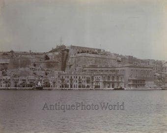 Malta fort view shops boats ships antique photo