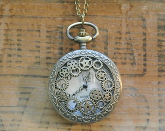 Steampunk Pocket Watch Necklace, Working Watch, Unisex, Large Face Watch Necklace, Timepiece, Many more styles available By UPcycled Works