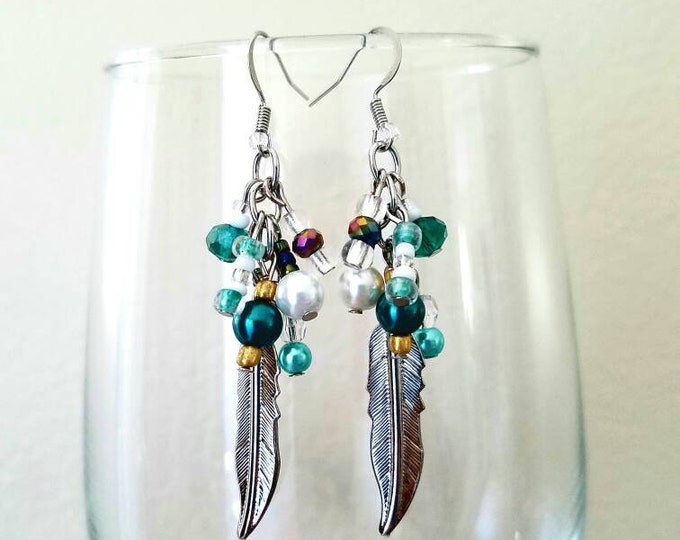 Blue Teal Green White Feather Cluster Silver Earrings