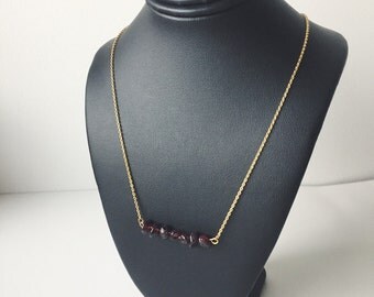 Garnet chip bar necklace - January birthstone - raw gemstone - everyday simple jewelry - layering necklace - merlot color - oxblood