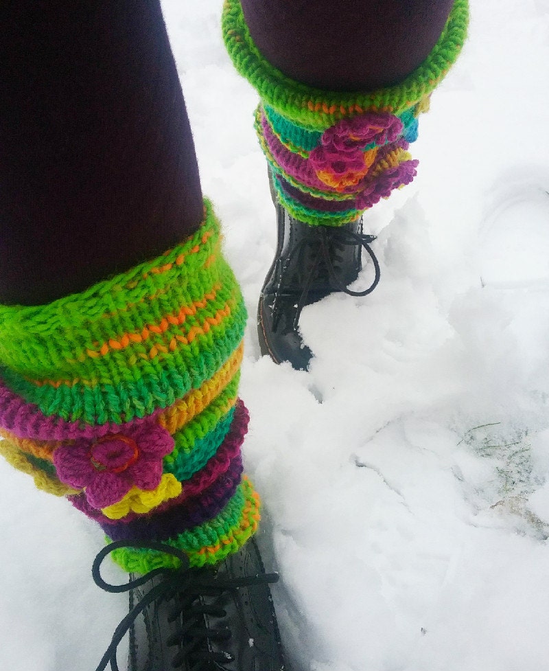 multicolor hand knit womens winter leg warmers with crochet