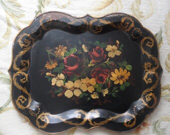 As Is toleware black floral metal tray / Larger, shabby 24" Tole Tray