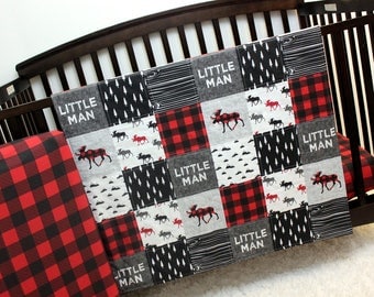 Lumberjack Baby Toddler Quilt & Fitted Sheet, Crib Bed Set, Grey Red Black Bedding, Boy Bedding, Woodland Bed Set, Moose Lumberjack Nursery