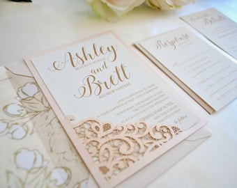 Blush and Gold Wedding Invitation- Lace Laser Cut Romance - Color/wording/materials Customizable, Navy Blue (NOT A SAMPLE LISTING)