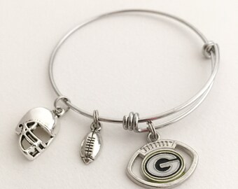 Green Bay Packers Football Bracelet. Green Bay Packers Expandable Charm Bangle.