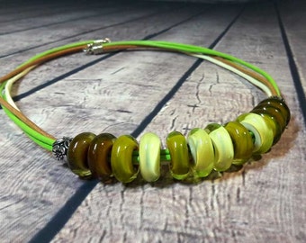 Lampwork Necklace Murano beads Lampwork glass beads handmade Lampwork Jewelry Lampwork beads leather cord Beads olive, green, marsh.