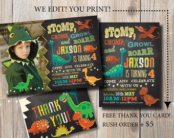 Dinosaur Birthday Invitation. Chalkboard. DIY card. Digital Printable Card