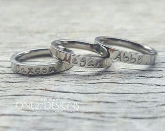 Hand Stamped Ring Name Ring Stacking Ring Mothers Ring Personalized Name Ring 3mm Shiny Stainless Steel comfort fit Mother's Day