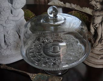 Vintage, Cut Glass Cake Stand with Glass Dome
