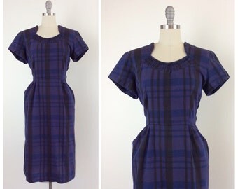50s Purple & Black Plaid Wiggle Dress / 1950s Vintage Hourglass Dress / Large / Size 10