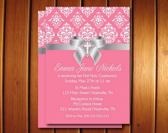Damask First Communion Invite - Printable First Holy Communion Invitation