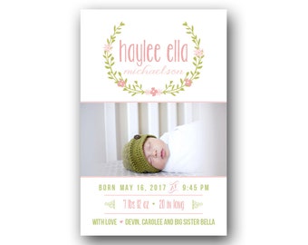 Birth Announcement - Baby Announcement - Girl Birth Card - Printable - Laurel Watercolor