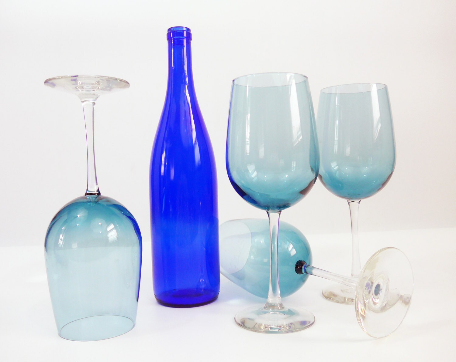 Vintage Set 4 Tall Blue Crystal Wine Glasses Set of Four Large Water
