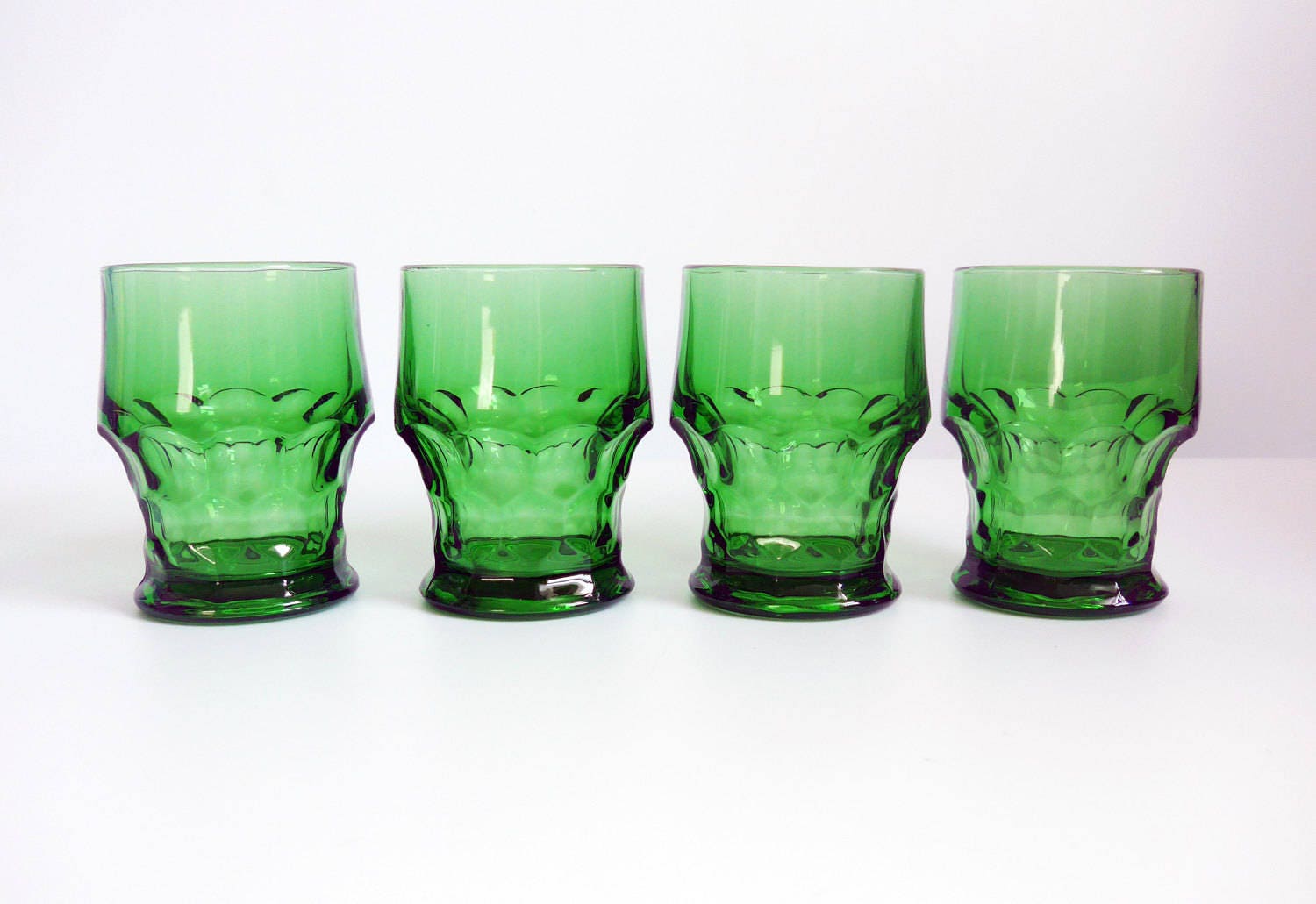 Vintage Set Of 4 Anchor Hocking Green Thumbprint Glasses Vintage