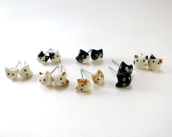 Tiny Cat Earrings Cat Stud Cat Jewelry Gift Cat Lover Black Cat Calico Tuxedo Cat Black White Orange Tabby Cat Earrings Kitty Ceramic Stud