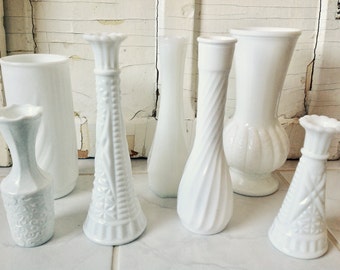 White Glass Vases Milk Glass Seven Pieces Wedding Accessories Table Centre Pieces Country Cottage