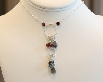 Red, White and Black Long Necklace: Garnet, Rutilated, Quartz, Opal, Argentium, Silver, Sterling