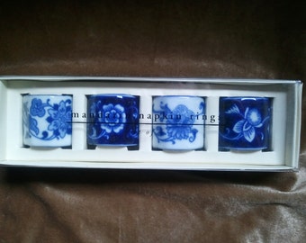 4 Pier One 'Mandarin' Blue and White Ceramic Napkin Rings...Ships Free!