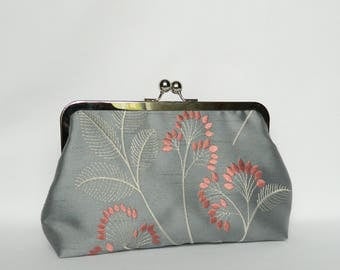 Embroidered Silk Clutch, Grey and Coral Floral Silk Clutch, Wedding Clutch, Bridesmaids Clutch, Evening Silk Clutch, Clutch Purse