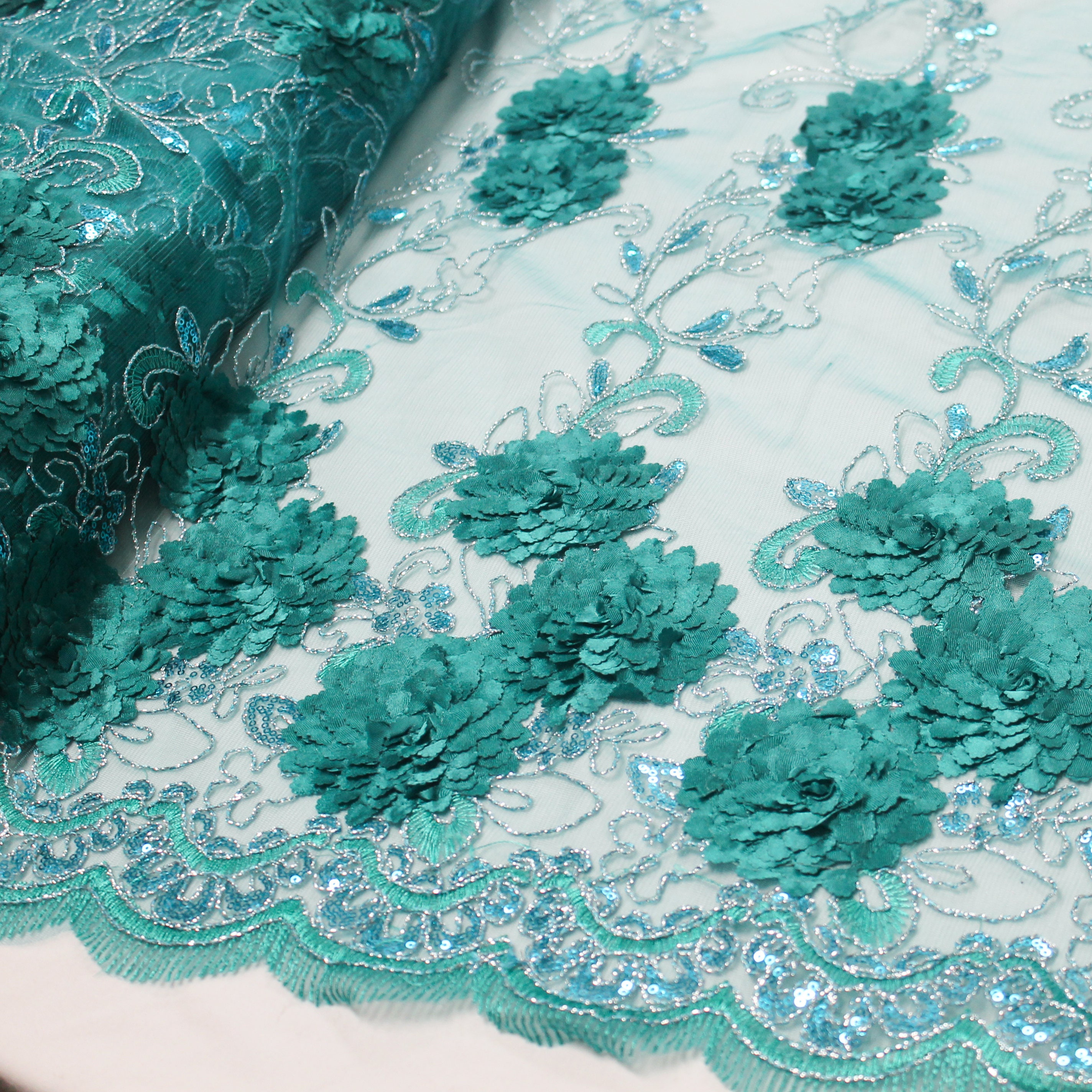 Elegant Hunter Green 3 Border Floral Embroidered Lace With