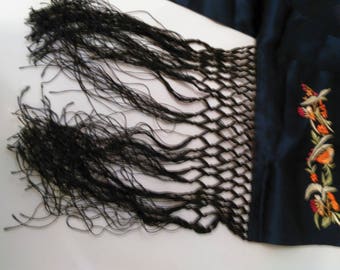 Vintage Floral Embroidered Navy Silk Scarf with black braided fringes