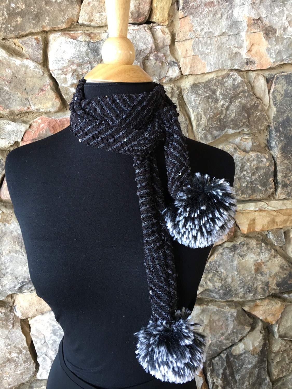 Textured black and grey skinny scarf with by