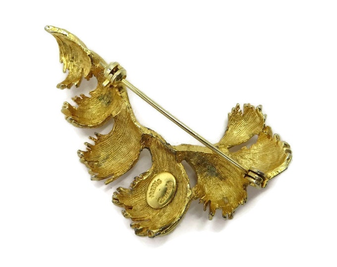 Hattie Carnegie Gold Tone Curved Leaf Pin, Vintage Signed Designer Brooch