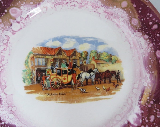 Gray's English Pottery Dickens Days Plate, Purple Gold Luster Trimmed Plate, Vintage British Pottery
