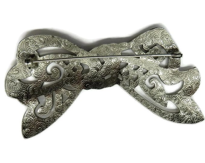 Marcasite Bow Brooch, Vintage Silver Tone Bow Pin, Ribbon Brooch