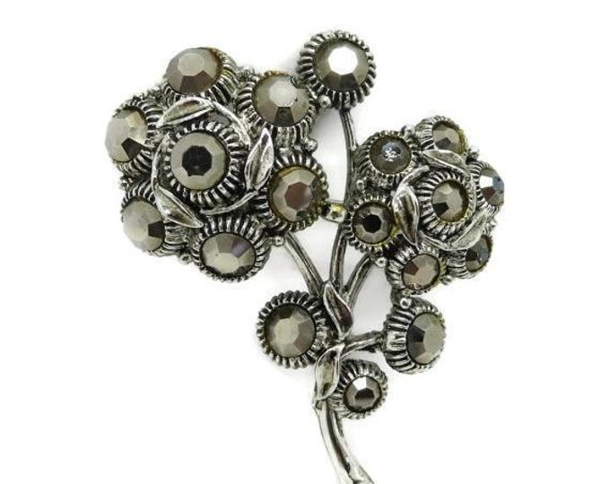 ON SALE Vintage WEISS Hematite Rhinestone Silver Tone Flower Brooch Pin