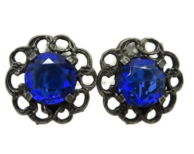 Blue Rhinestone Earrings, Signed Designer Flower Clip-ons, Vintage Star Jewelry, Valentine's Day Gift