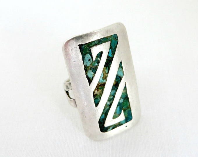 Sterling Silver Shield Ring, Vintage Turquoise Inlay Ring, Ring Native American Statement Ring, Size 9