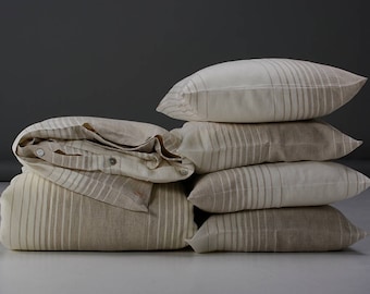 Linen Bedding Set Pure Natural Stone Washed Random Striped / Linen Duvet Cover / 4x Linen Pillow Cases