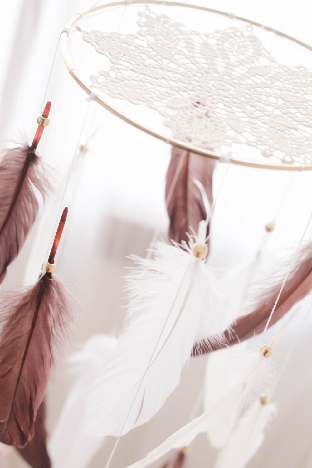 Brown and White Feather Mobile Gold Boho Bohemian by TheDreamBarn