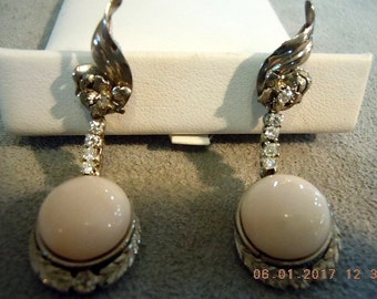 Angel Skin Coral 18K White Gold & Diamond Pierced Earrings Rare Antique Beauties