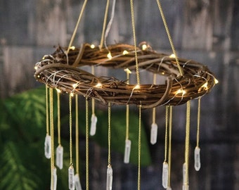 Bohemian Mobile- Bohemian Decor- Rustic Lighted Chandelier- Outdoor Wedding Light- Crystal Chandelier- Bohemian Nursery Decor
