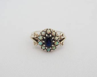 Vintage Sterling Silver Sapphire & Opal Ring Size 9